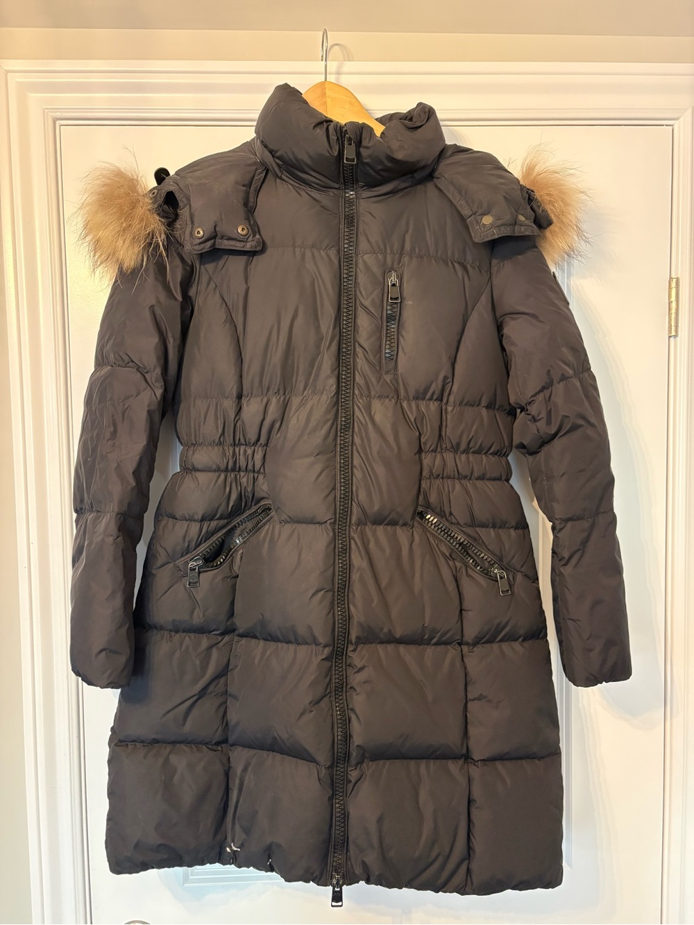 Women's Coach Black Long Puffer Coat with Fur Trim